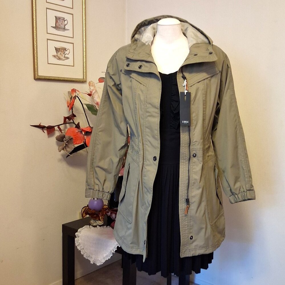NWT Signal Hooded Gray Olive Green Lined Trench Coat Outerwear M